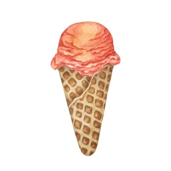 Orange creamsicle, mango, sherbet, pumpkin or peach ice cream scoop in the waffle cone clipart . Dessert realistic watercolor illustration of cold treats for labels, menu, culinary design, summer fair