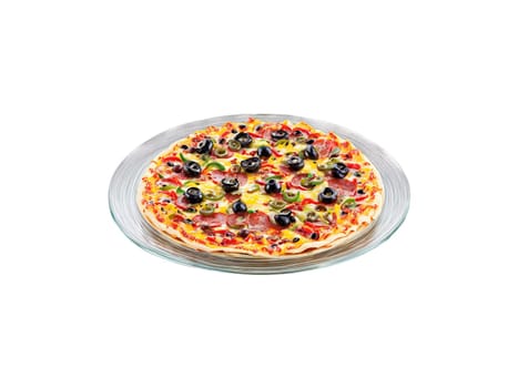 Supreme Pizza Nachos with pepperoni peppers olives and melted cheese served on a transparent glass. Food isolated on transparent background.