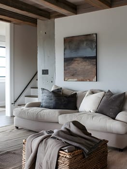 A cozy living room with a grey couch and a wooden basket on the floor, complemented by a large window and stylish interior design fixtures