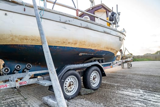 COUNTY DONEGAL, IRELAND - NOVEMBER 09 2021 : The fishing vessel is waiting on the dry dock for the next season.