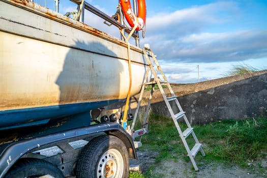 COUNTY DONEGAL, IRELAND - NOVEMBER 09 2021 : The fishing vessel is waiting on the dry dock for the next season.