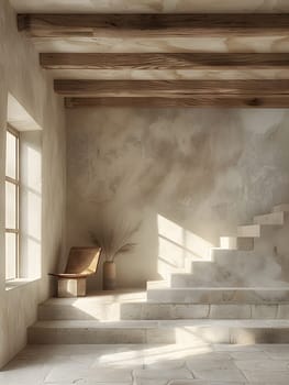 A room with a wooden staircase, a chair, and a window surrounded by composite material flooring. The building is made of concrete with various tints and shades on the ceiling