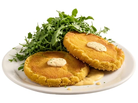 Fried green tomatoes with cornmeal crust remoulade and arugula. Food isolated on transparent background.