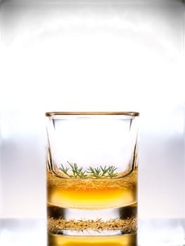 Scandinavian Akvavit chilled shot glass of Akvavit distilled spirit flavored with caraway and other spices. Drink isolated on transparent background.