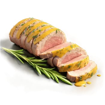 Pork tenderloin lean and raw with dijon mustard and tarragon leaves dancing in a French. Food isolated on transparent background.