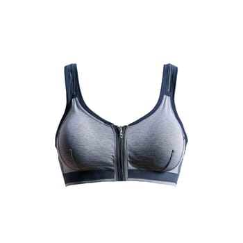 Sporty zip front bra in heathered gray stretching dynamically athletic ease cool tones. Woman lingerie isolated on transparent background.