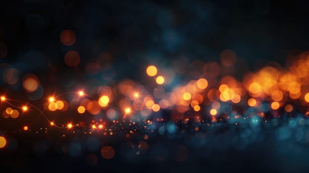 A blurry image of a dark blue background with orange and blue lights. The lights are scattered throughout the image, creating a sense of movement and energy. Scene is dynamic and lively