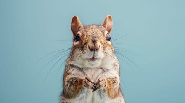 Playful Mischievous Squirrel with Comical Expression on Light Blue Background..