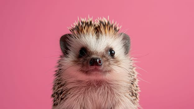 Adorable Portrait of Fluffy Hedgehog on Pink Background.