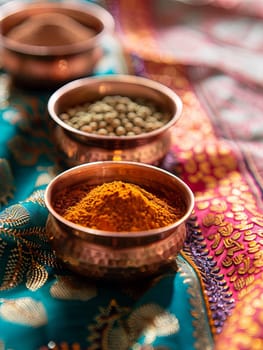 A close-up shot of traditional Indian spices in copper bowls, resting on a colorful fabric background. The spices, including turmeric, cumin, coriander, and garam masala, create a vibrant and fragrant scene.