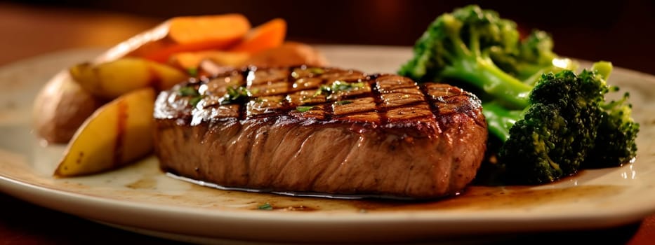 Fresh juicy tenderloin steak with stewed vegetables on a fiery grill. Generative Ai, Food,