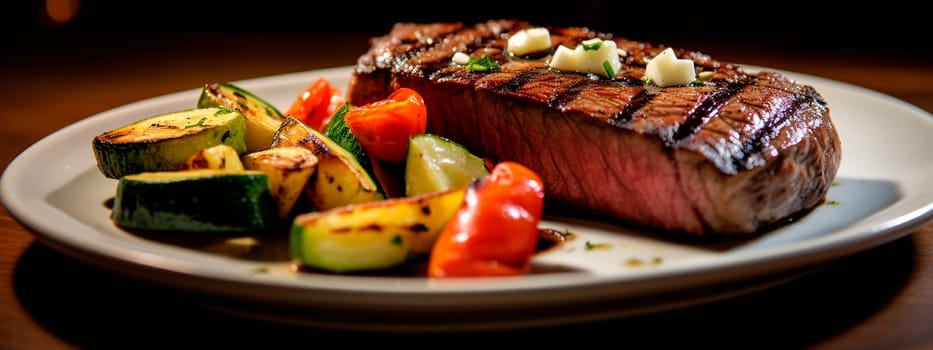 Fresh juicy tenderloin steak with stewed vegetables on a fiery grill. Generative Ai, Food,