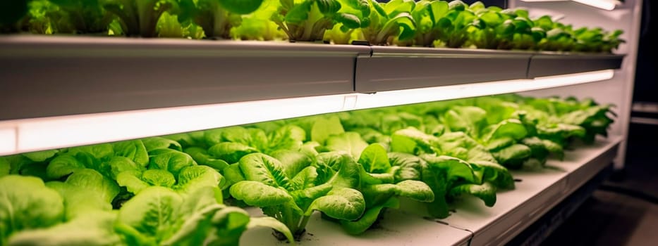 Growing lettuce on racks. Generative AI,