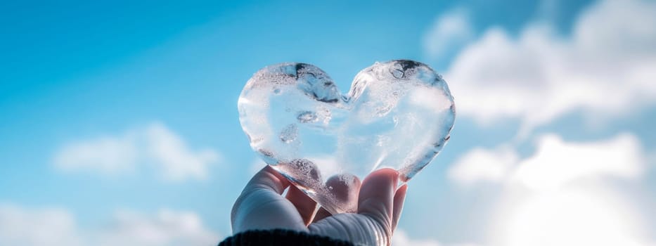 frozen ice hand holds a heart made of ice. Generative Ai, People.