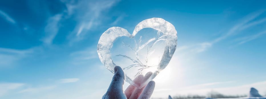 frozen ice hand holds a heart made of ice. Generative Ai, People.