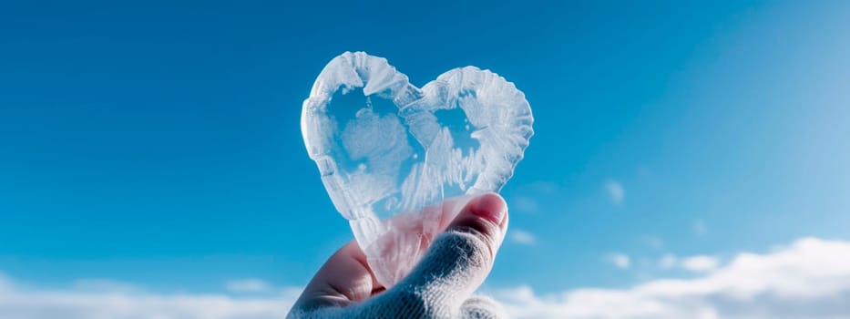 frozen ice hand holds a heart made of ice. Generative Ai, People.