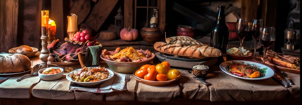 Georgian dinner table with grilled lamb kebab, fried vegetables, khachapuri, fruits and wine. Generative Ai,