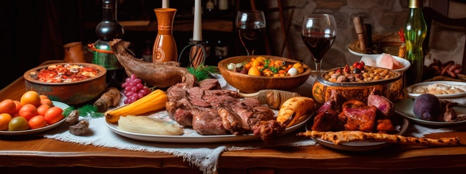 Georgian dinner table with grilled lamb kebab, fried vegetables, khachapuri, fruits and wine. Generative Ai,