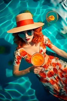 A woman relaxes in the pool with a cocktail. Generative AI, Travel.