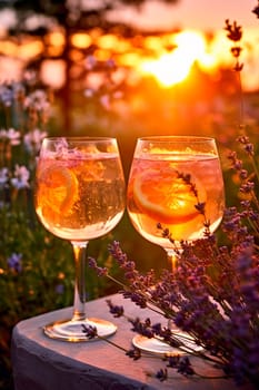 glasses of lemonade and lavender flowers in the garden, golden hour. Generative AI, Drink,