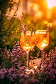 glasses of lemonade and lavender flowers in the garden, golden hour. Generative AI, Drink,