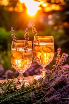 glasses of lemonade and lavender flowers in the garden, golden hour. Generative AI, Drink,