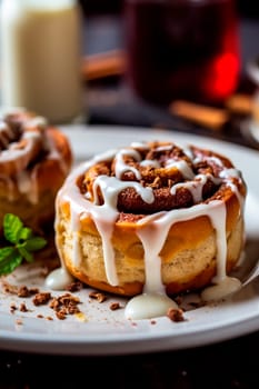 cinnamon rolls covered with sweet glaze and cinnamon. Generative AI, Food.