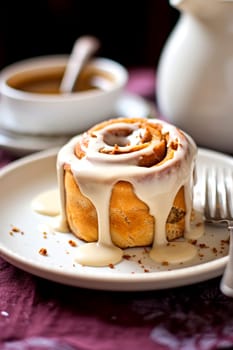 cinnamon rolls covered with sweet glaze and cinnamon. Generative AI, Food.