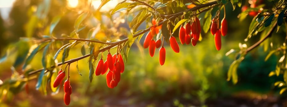 Goji berries grow on a tree in a harvest garden. Generative Ai, Food.