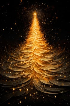 Abstract Christmas tree made of sparkles on a dark background. Generative AI, Gold.