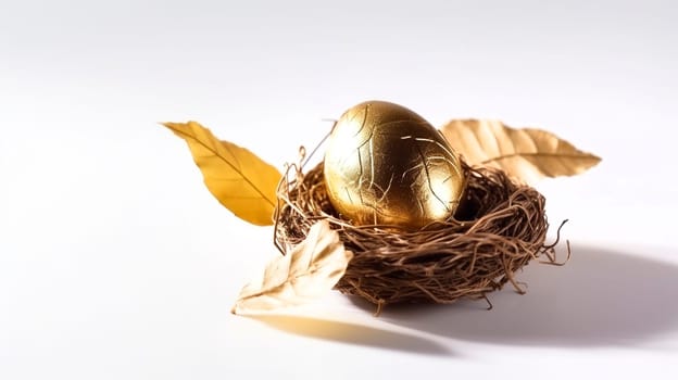 golden egg in a nest with leaves on a white background with a light background. Generative AI, Food.