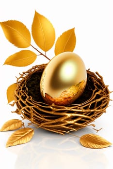 golden egg in a nest with leaves on a white background with a light background. Generative AI, Food.