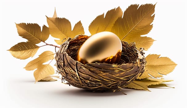 golden egg in a nest with leaves on a white background with a light background. Generative AI, Food.