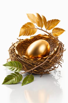 golden egg in a nest with leaves on a white background with a light background. Generative AI, Food.