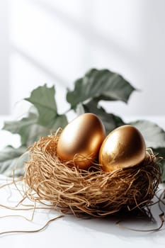 golden egg in a nest with leaves on a white background with a light background. Generative AI, Food.