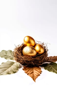 golden egg in a nest with leaves on a white background with a light background. Generative AI, Food.