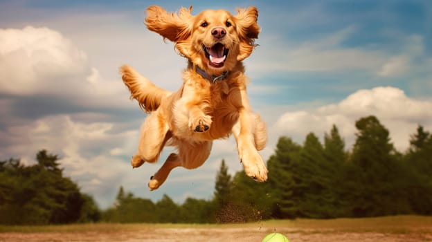 The dog happily jumps in the air, catching the ball. Generative AI, animal.