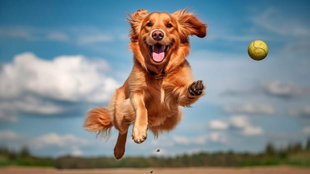 The dog happily jumps in the air, catching the ball. Generative AI, animal.