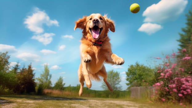 The dog happily jumps in the air, catching the ball. Generative AI, animal.