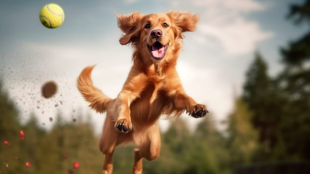 The dog happily jumps in the air, catching the ball. Generative AI, animal.