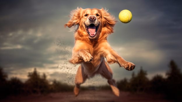 The dog happily jumps in the air, catching the ball. Generative AI, animal.