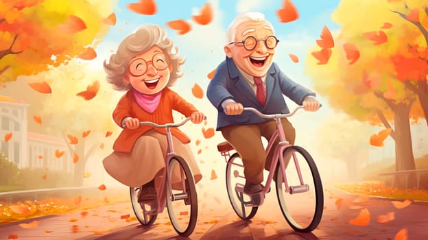 Old people riding a bicycle together in the park. Generative AI. Happy.