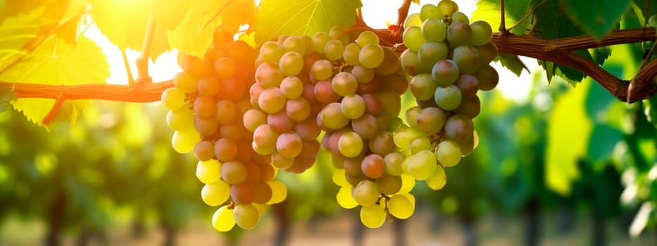 Grapes grow on a tree in a harvest garden. Generative Ai, Banner,