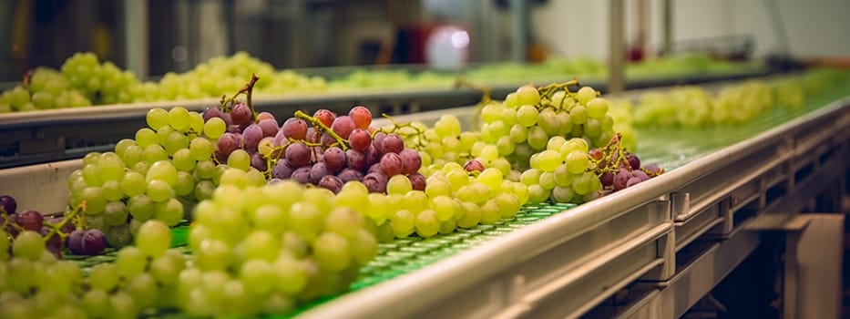grapes, tape in the food industry, products ready for automatic packaging. Concept with automated food production. Generative AI, Food.