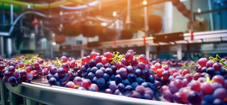 grapes, tape in the food industry, products ready for automatic packaging. Concept with automated food production. Generative AI, Food.