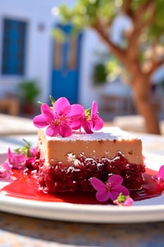 greek dessert Close-up in a greek village with blooming bougainvillea. Generative AI, nature.