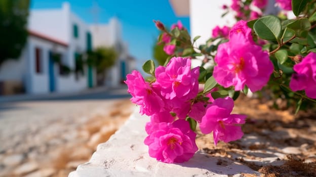 in a Greek village with blooming bougainvillea. Generative AI, nature.