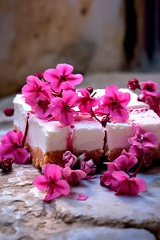 greek dessert Close-up in a greek village with blooming bougainvillea. Generative AI, nature.