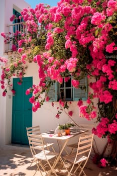 in a Greek village with blooming bougainvillea. Generative AI, nature.