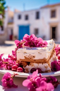 greek dessert Close-up in a greek village with blooming bougainvillea. Generative AI, nature.